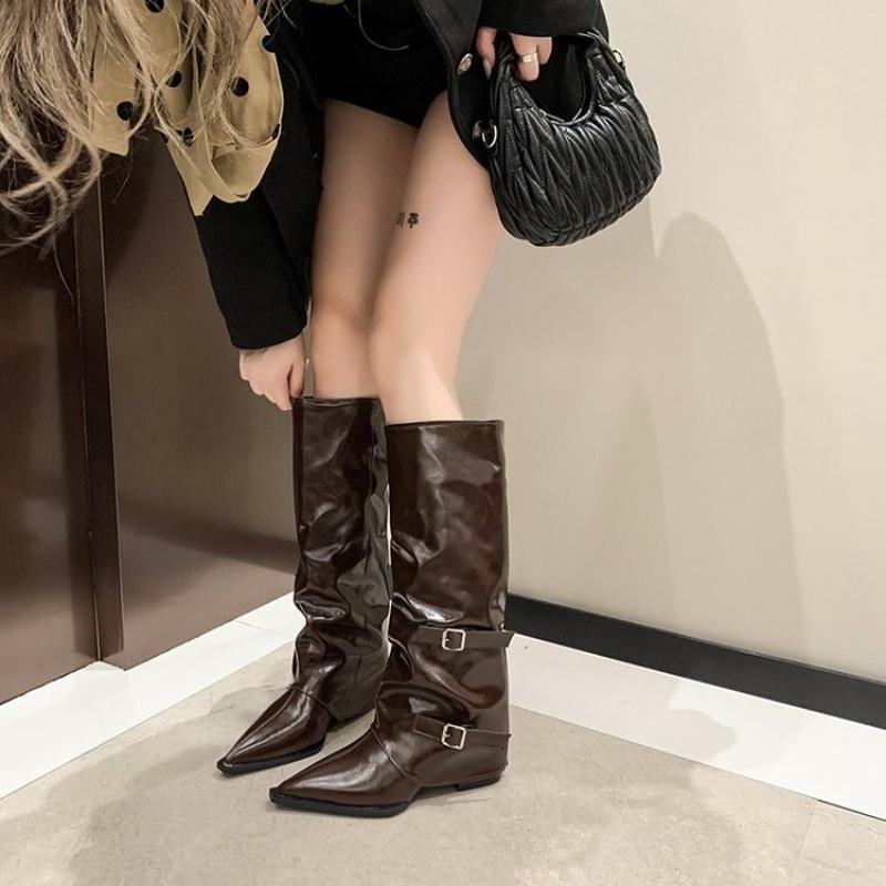 Modne kozaki za kolano na grubym obcasie Kobiety Europejskie i Amerykańskie Gorące Dziewczyny Szpiczasty Nosek Czarne Kozaki za Kolano