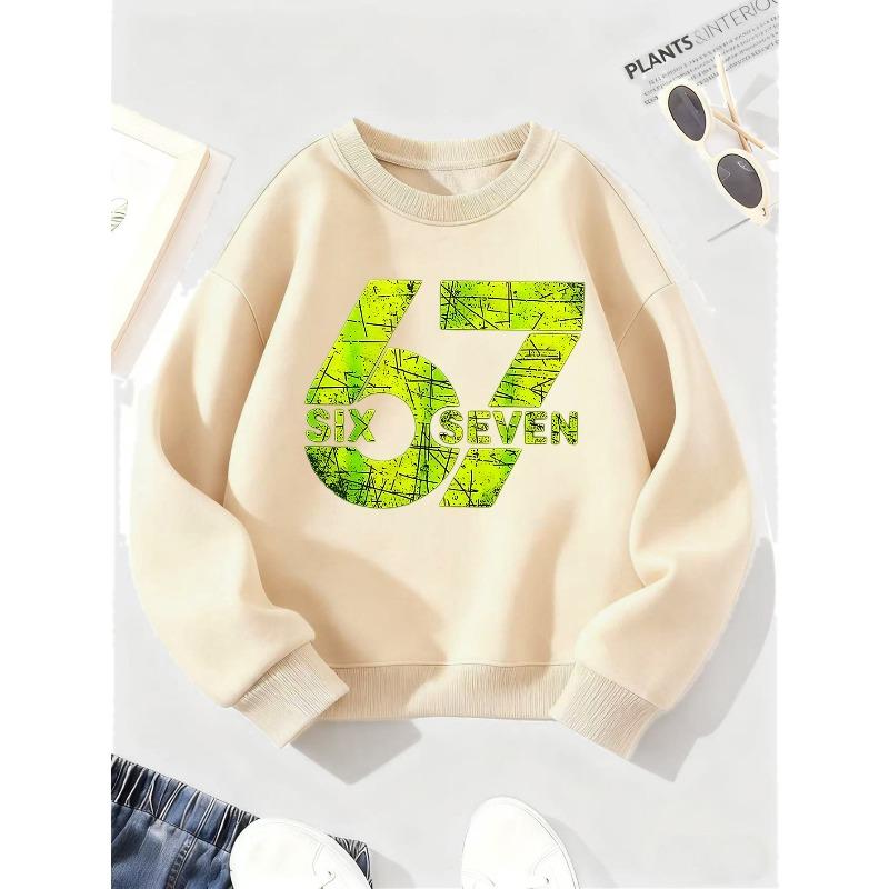 Kids Unisex Crewneck Sweatshirt, Vintage Scratched Neon Green Number 67 Print Pullover, Boys Girls Birthday Sweatshirt For Kids Over 4 Years Old
