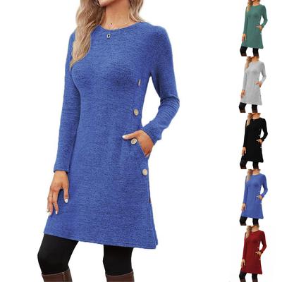 Dames Casual Jurk met Ronde Hals, Split aan de Zoom en Lange Mouwen