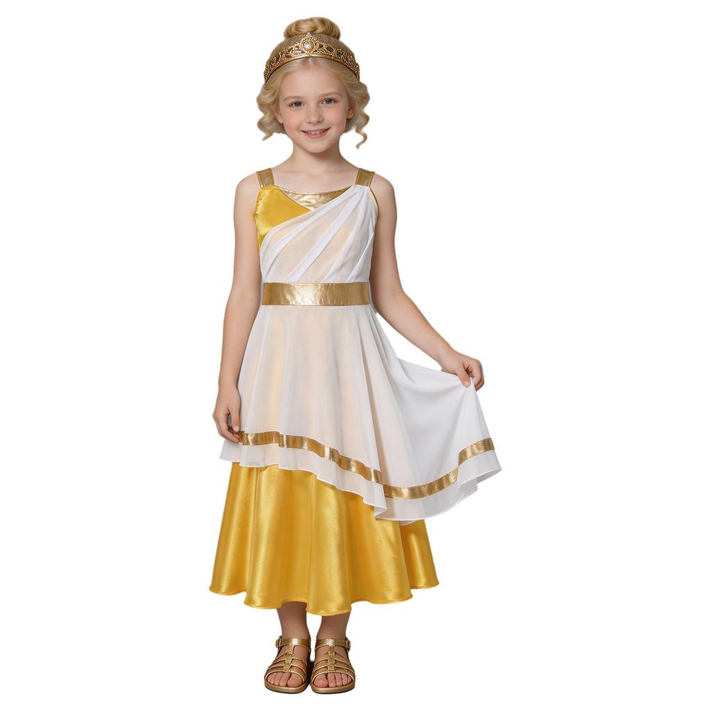 Kids Girls Ancient Greek Costume Color Blocked Layered Robe Sleeveless Side Invisible Zipper Metallic Trim Dress for Halloween Role Play Party