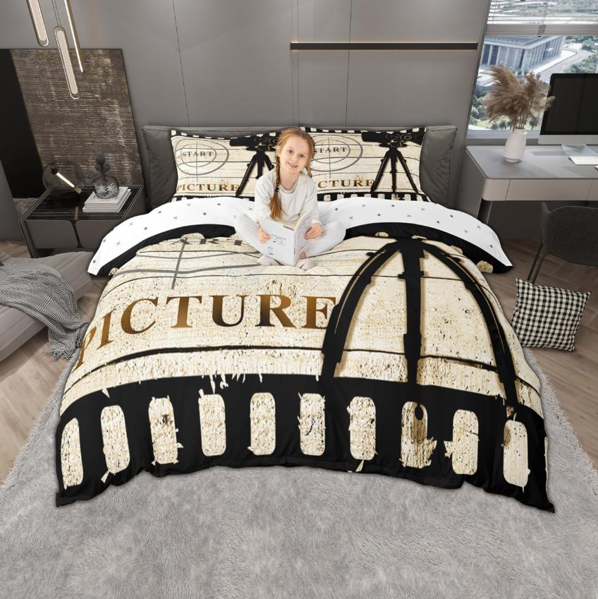 Homewish Vintage Movie Theatre Duvet Cover Set 2Pcs/3Pcs Retro Cinema Popcorn Bedding Film Theme Quilt Cover Set