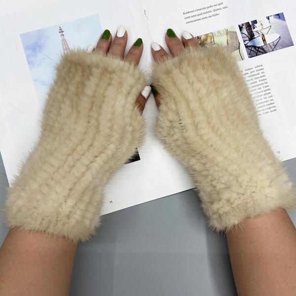 Winter Gloves for Women Natural Mink Fur Knitted Fingerless Solid Warm Elastic Gloves