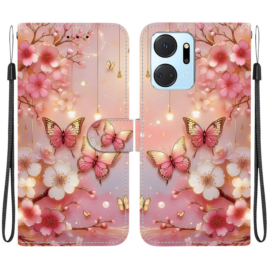 Handmade PU Leather Flip Case for Honor X7a Anti-Slip Shockproof Cover with Wrist Strap & Heart/Rose Cat Designs