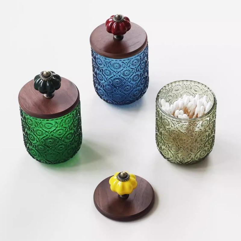 BEPAN 1PC Vintage American Style Glass Cotton Swab Storage Box Creative Toothpick Holder Dental Floss Dispenser French Ornament