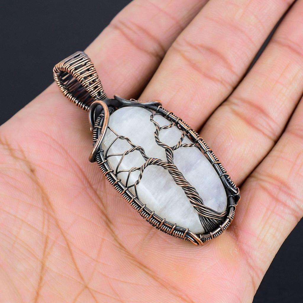 Rainbow Moonstone Pendant Gemstone Jewelry, 999 Copper Wire Wrapped Pendant, Handmade Beautiful Jewelry Pendant