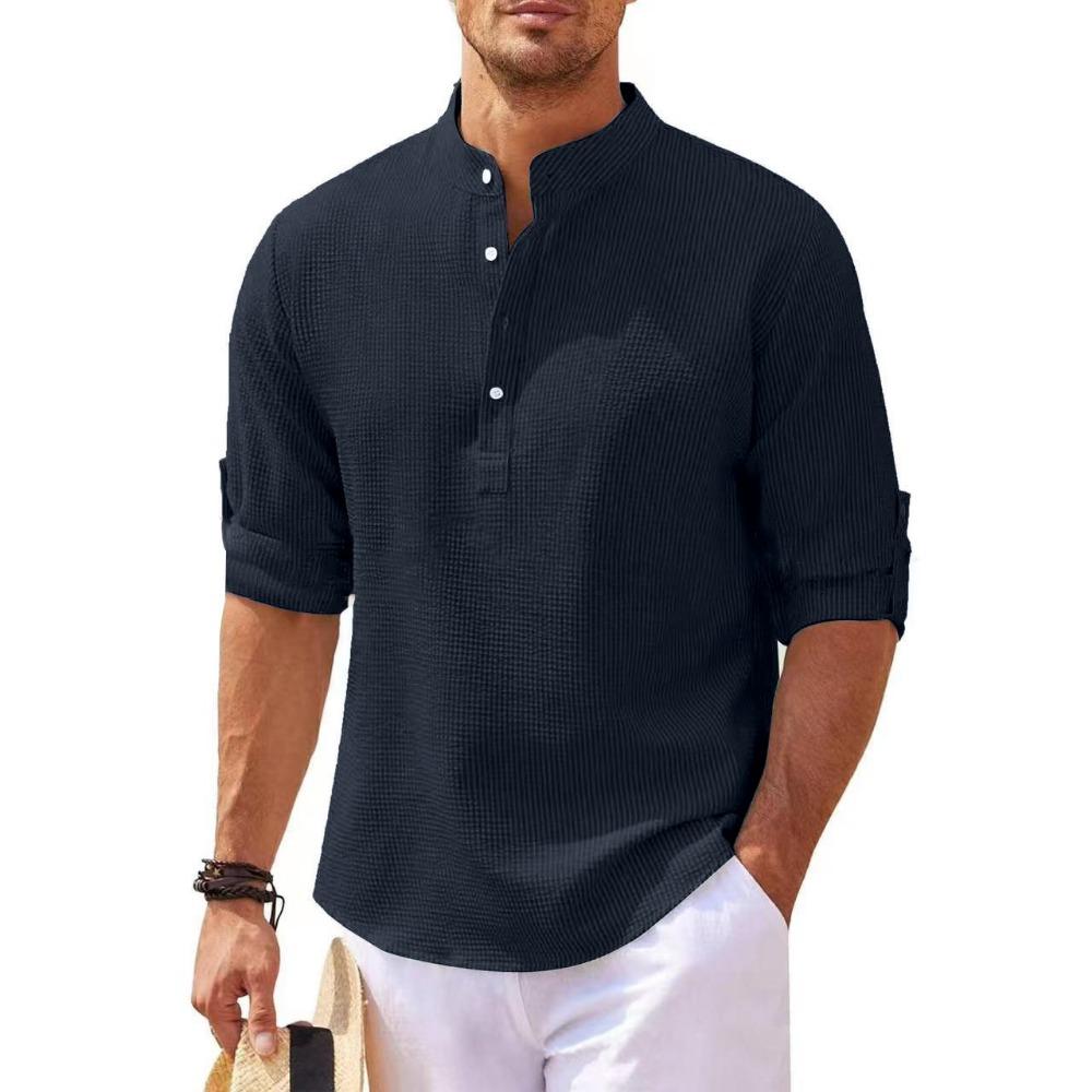 Men's Long Sleeved Stand Up Collar Plaid Casual Shirt
