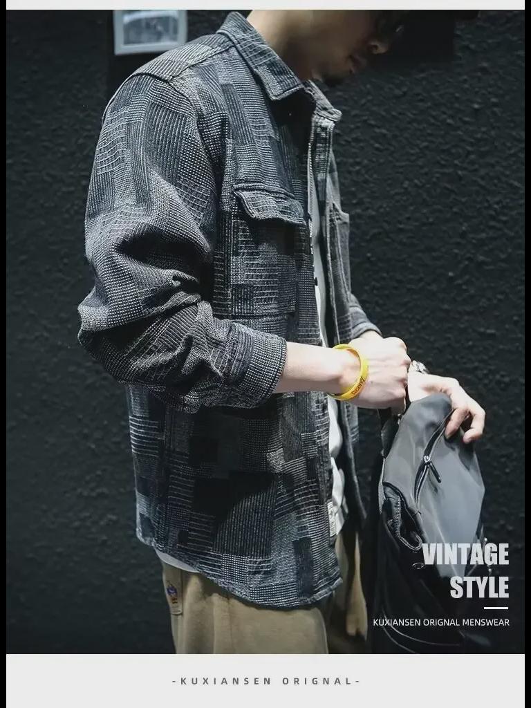 Men's Trendy Retro Plaid Jacquard Black Denim Shirt-Jacket, Autumn Loose Fit, Long-Sleeved, Casual Style.