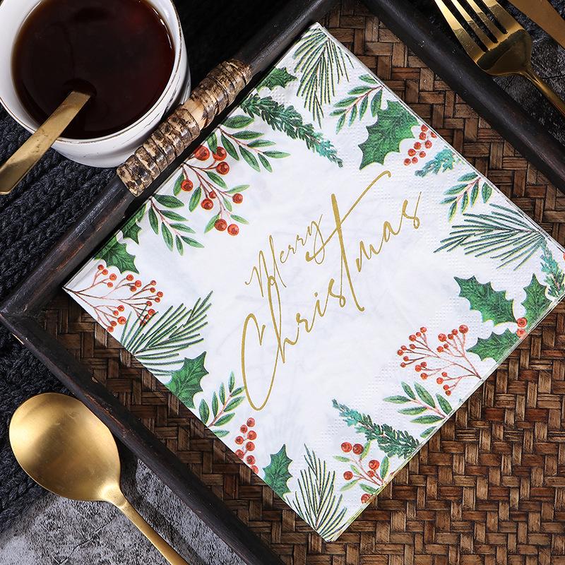 Merry Christmas Green Leaf Paper Napkins - Soy Ink, Virgin Wood Pulp, Food Grade, English Square Design