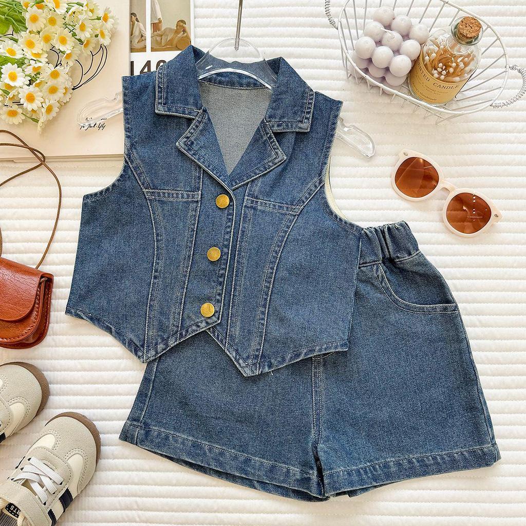 2026 Koreanischer Stil Mädchen Ärmelloses Jeans-Oberteil & Shorts Set – Trendiges Sommer-Outfit