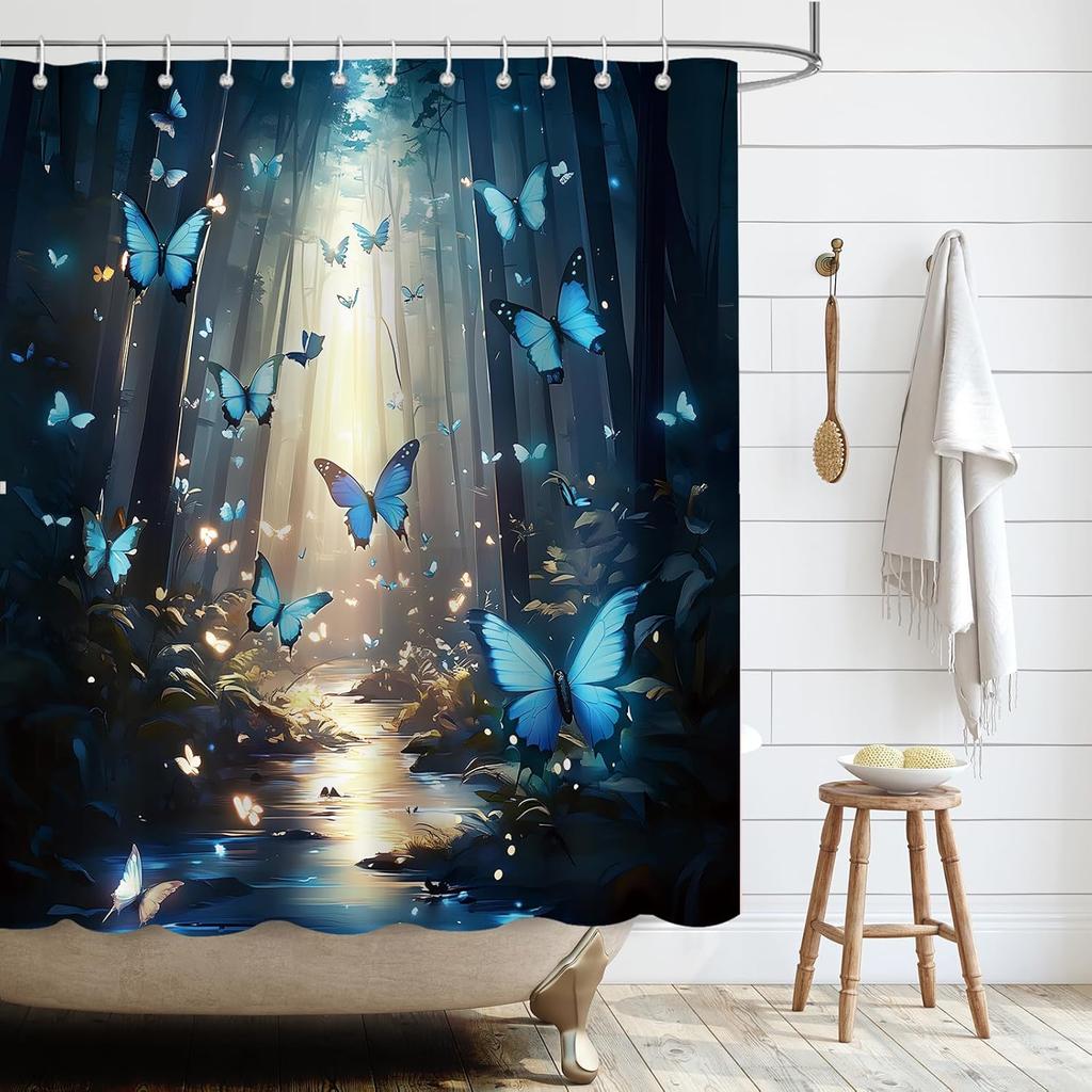 Butterfly Pattern Shower Curtain Blue Waterproof Textile Bathtub Waterproof Shower Curtain with 12 Hooks 180 X 180cm