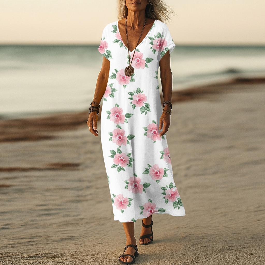 Summer Dress Women's Long Boho Beach Dress Elegant Maxi Dress V-Neck Short Sleeve Summer Tunic Dress Light Airy