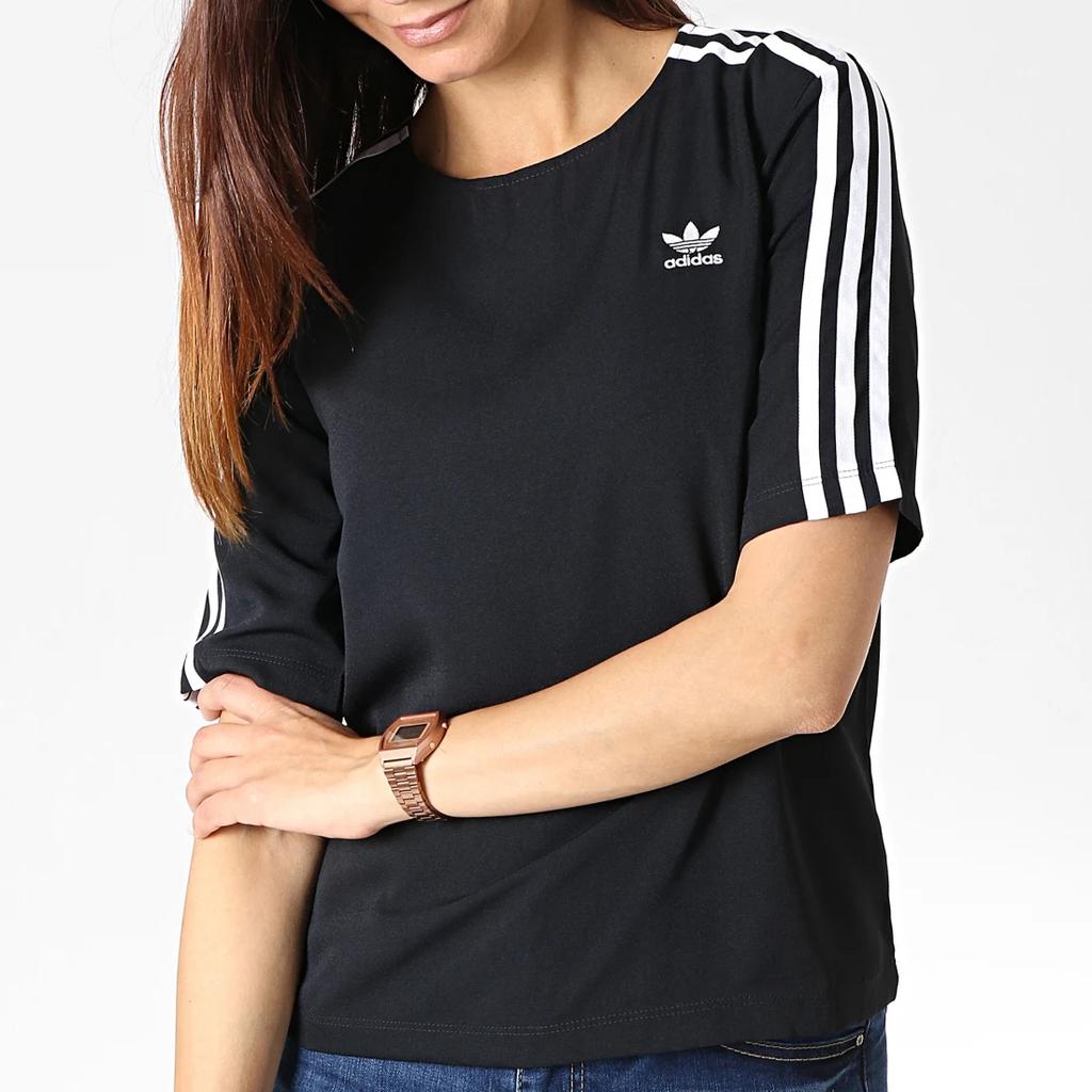 Adidas Originals Side Stripe Chiffon Breathable Sports Casual Short Sleeve T-Shirt Women Tops Black DX3695