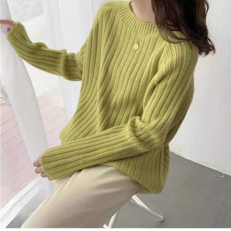 Women's Medium Length Knitted Wool Cardigan - Autumn/Winter Round Neck, Thick, Solid Color, Loose Fit