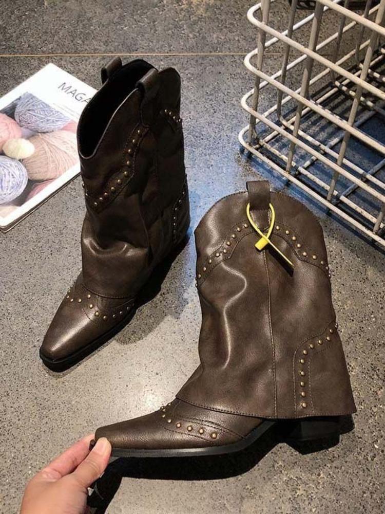 Fashion Black Pointed Toe Mid Calf Shoes Woman Waterproof Pu Demi-season on Offer Gyaru Hot Chic and Elegant Half High Boots for Women