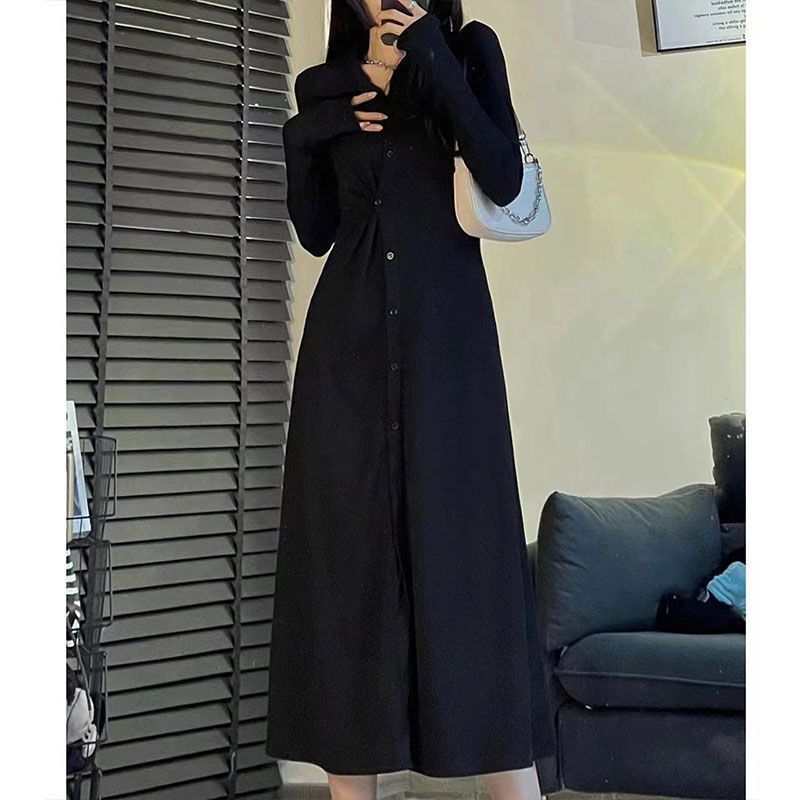 French Elegant Long Sleeve Dress With Knit Fabric For Casual And Office Wear