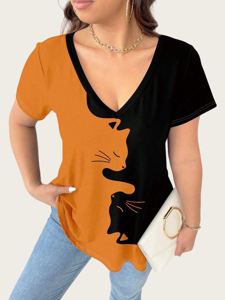 Europeisk och Amerikansk Dam Plus Size 2025 V-ringad Kattmönster Färgblock Kortärmad Casual Topp
