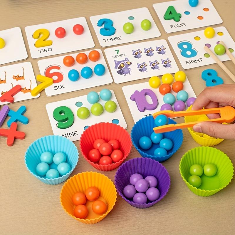 Wooden Number Puzzle and Bead Matching Game with Tweezers for Fine Motor Skills Development Multicolor Counting and Color Sorting Toy for Ages 3+