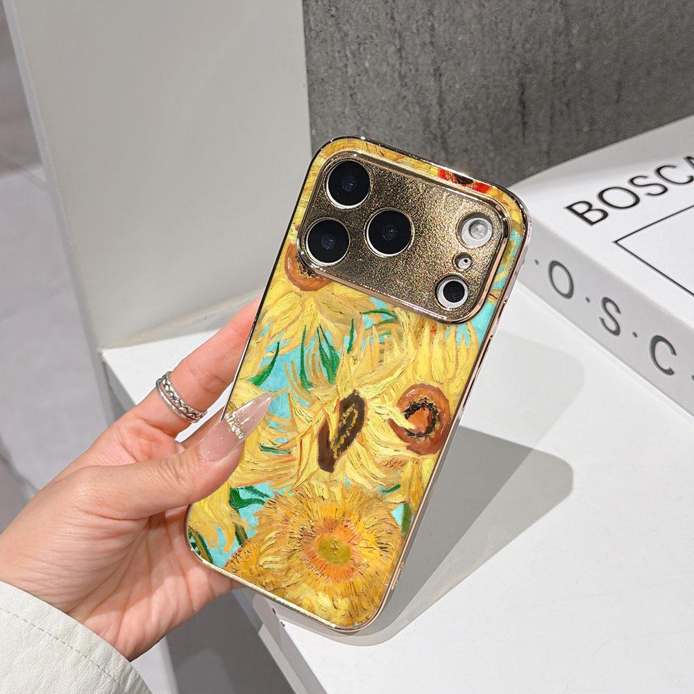 

Lucky Start Phone Case For iPhone 17 16 15 14 13 12 11 Pro Max 16E Gold Electroplated glass shell Sunflowers Cover IPHONE14