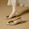 stiletto high heels 2026 spring French metal buckle pointed middle heel not tired feet soft leather shallow mouth single shoes