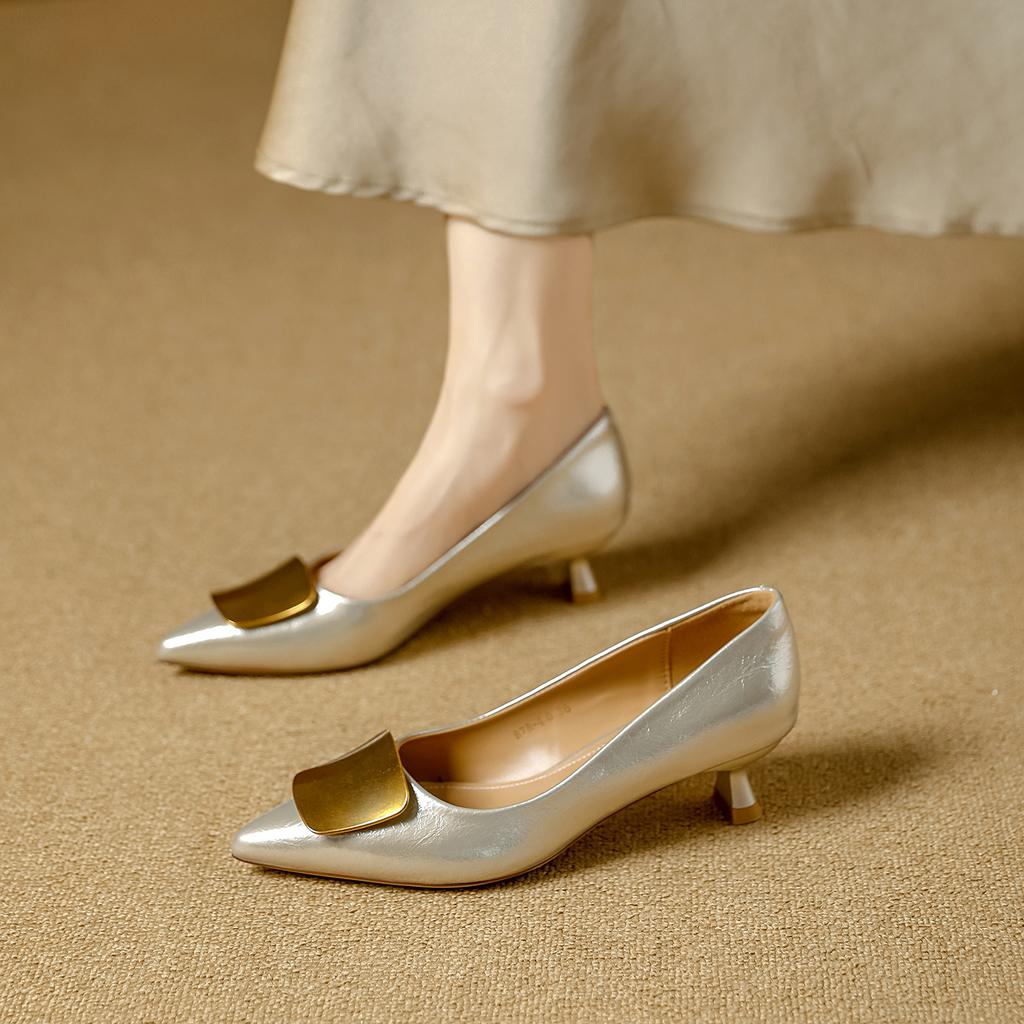 stiletto high heels 2026 spring French metal buckle pointed middle heel not tired feet soft leather shallow mouth single shoes