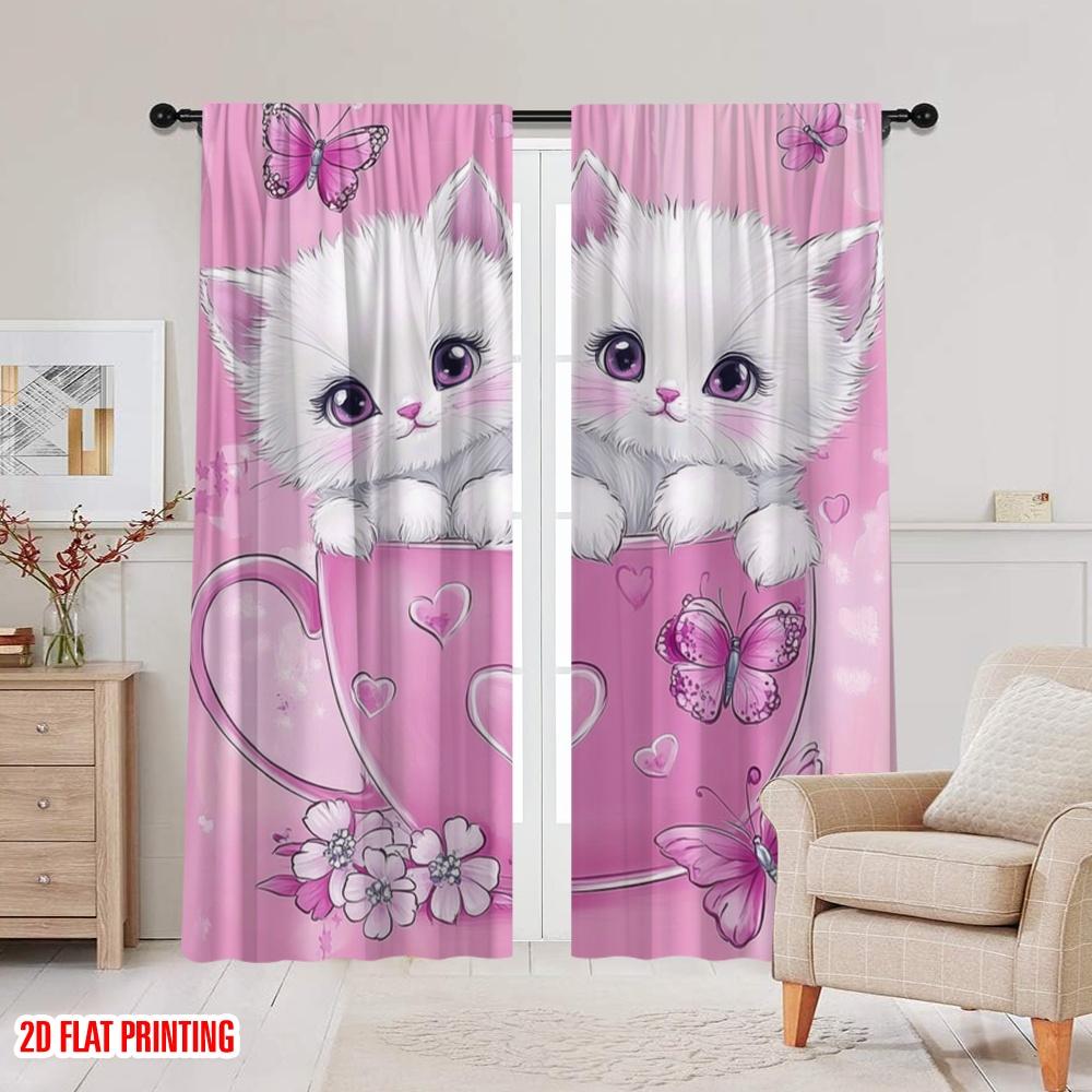 2pcs,2D Plane Printing Window Curtain Kitten Cup Bliss Versatile Polyester (without Rod) Room Decor for Bedroom Living Room