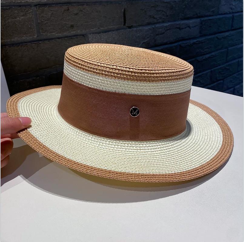 Damen Color-Block Britischer Retro Flacher Strohhut Sommer Sonnenschutz Sonnenschirm Urlaub Strand Zylinderhut