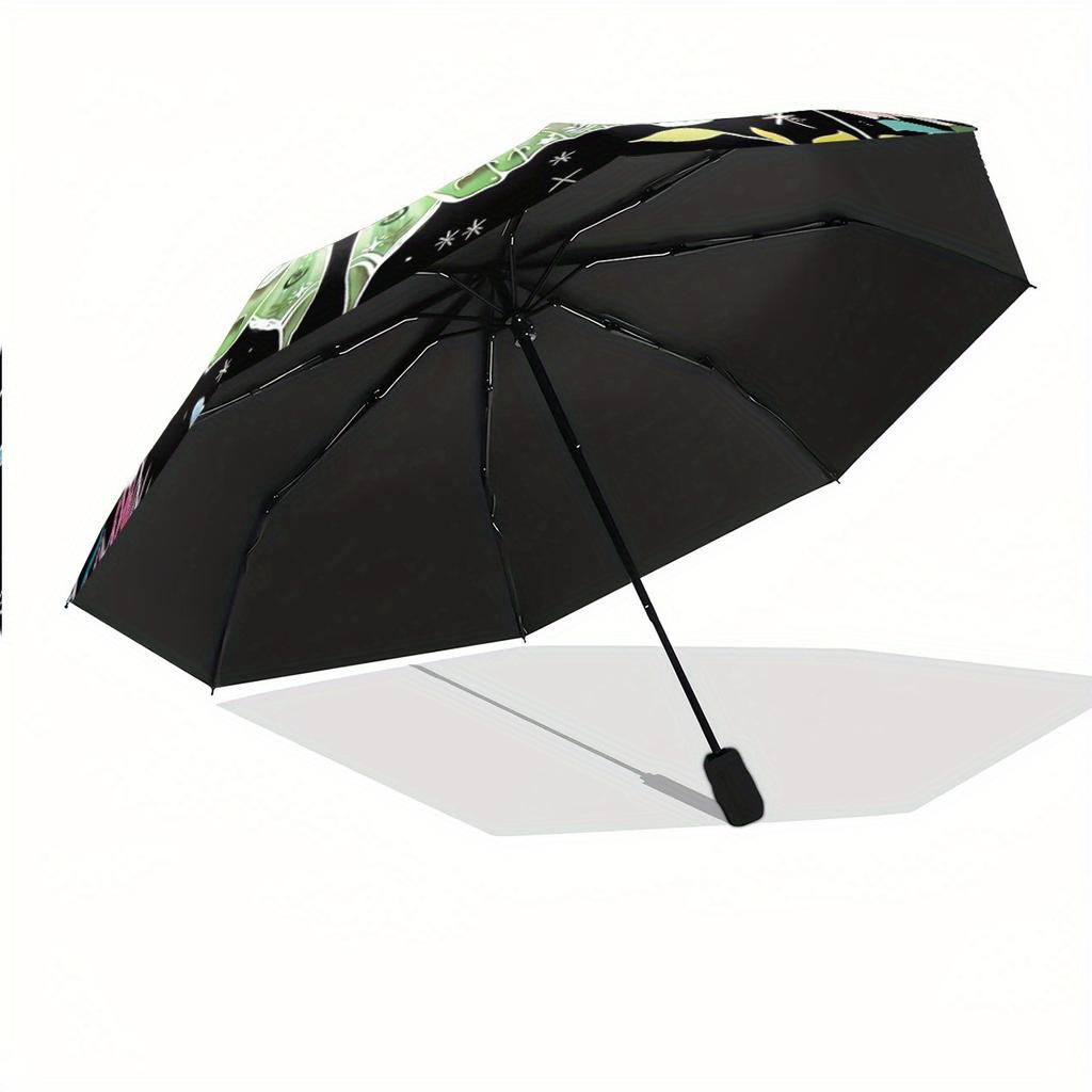 1pc Automatic Folding Umbrella with Moon & Butterflies Design - 8-Rib Portable Umbrella, Durable Iron Frame, Vibrant Starry Ni
