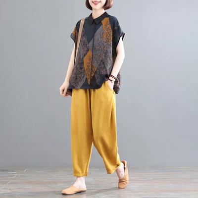Βαμβακερό Σετ Μεγάλο Μέγεθος Γυναικείο Καλοκαιρινό Τοπ Μπλουζάκι Κοντομάνικο Φαρδύ Παντελόνι Εννέα Μήκη Σετ Δύο Τεμαχίων