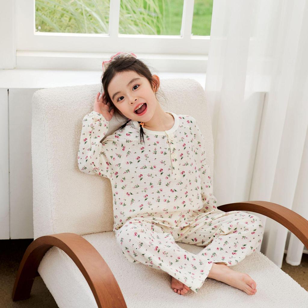 Children's 100% Cotton Gauze Pajama Set for Spring/Summer - Loose, Thin Long Sleeve for Boys and Girls