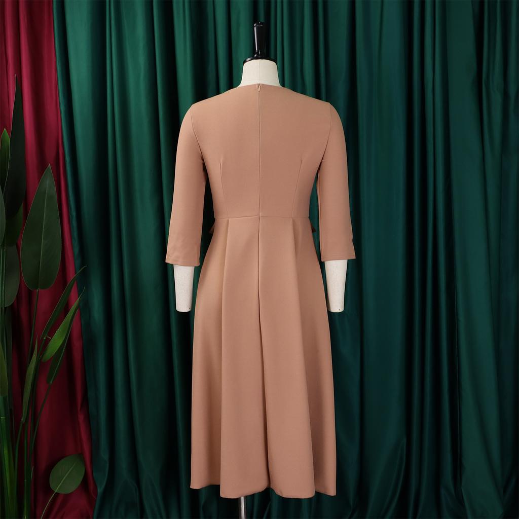 Fashion Women Solid Color Summer Dress Plus Size Cross Border African Dress Pleated Three Quarter Sleeves