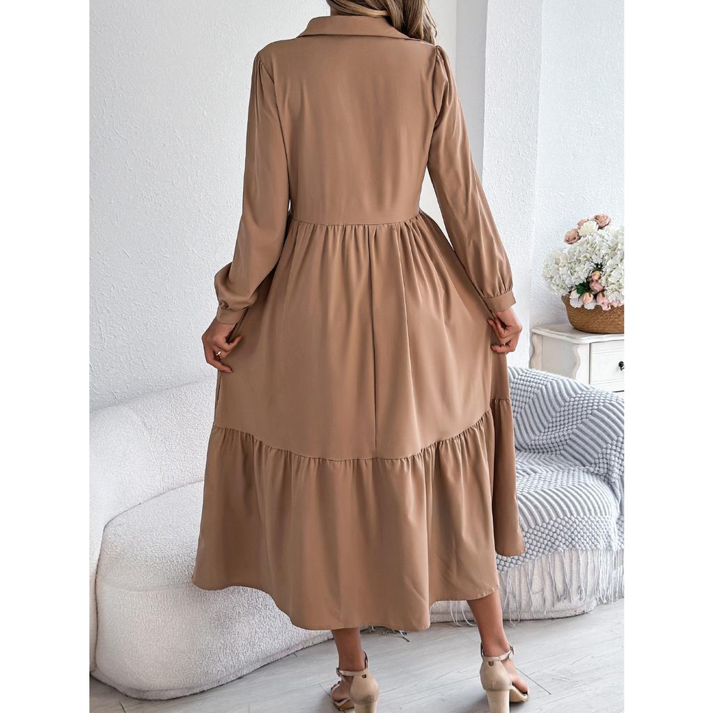 GMXIA Autumn and Winter Lapel Casual Loose Long-sleeved Ruffled Shirt Dress for Women
