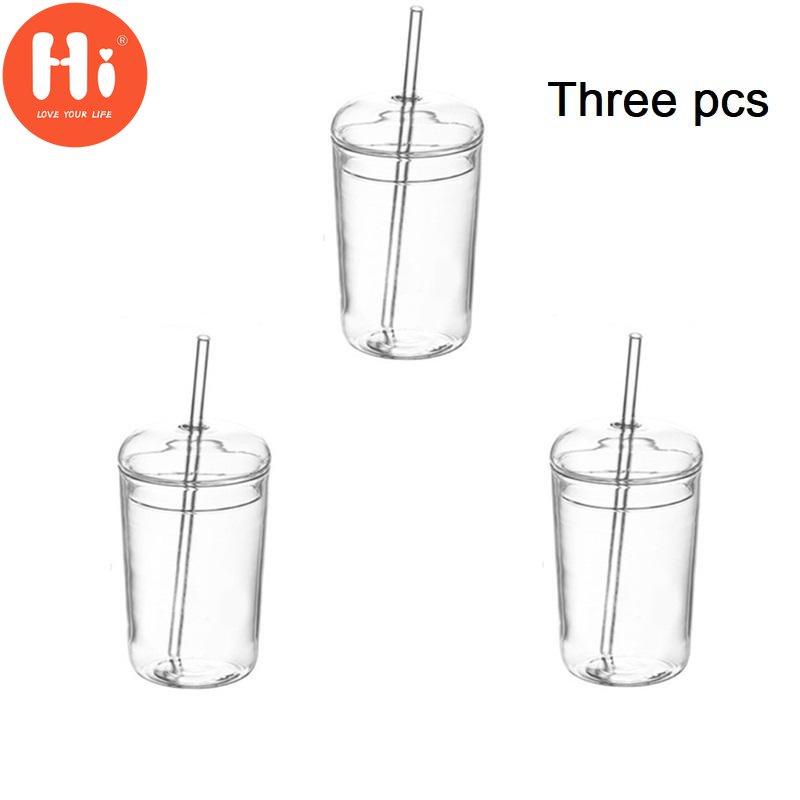 Hi 1/3 ks severský průhledný skleněný hrnek na kávu, žáruvzdorný čaj, mléko a vodu s víčkem a brčkem 500ml