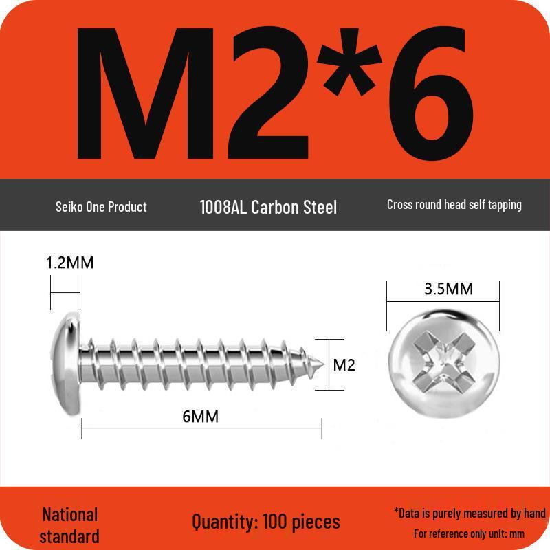 Galvanized Self-Tapping Screws, Round Head, White Zinc, PA Cross Pan, Pointed Tail M1.2-M4