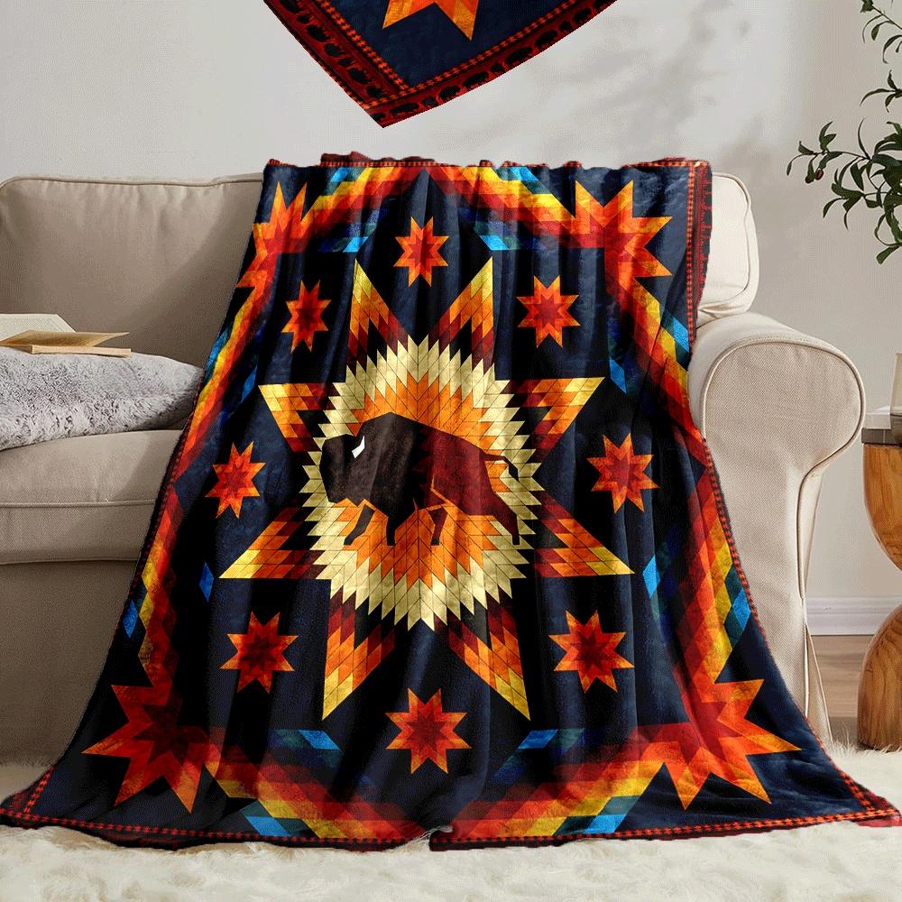 Custom Buffalo Blanket Native American Tribal Star Pattern Design Personalized Name Fleece Throw All Season Soft Warm Bedding