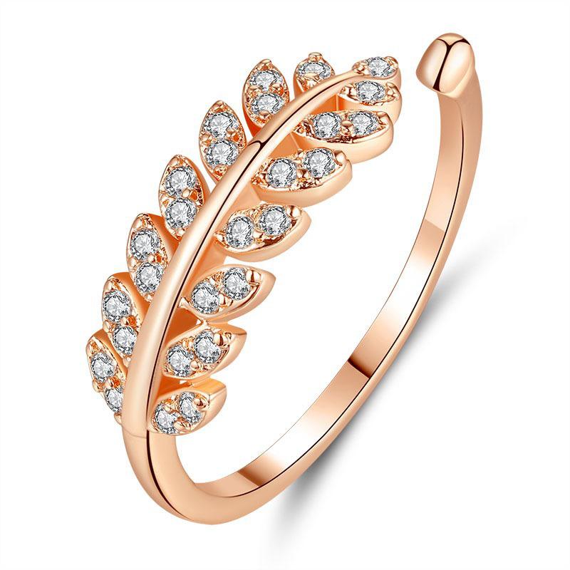 Korean-Style Minimalist Adjustable Leaf Ring with Small Diamonds - Artistic & Sweet Olive Branch Design for Women