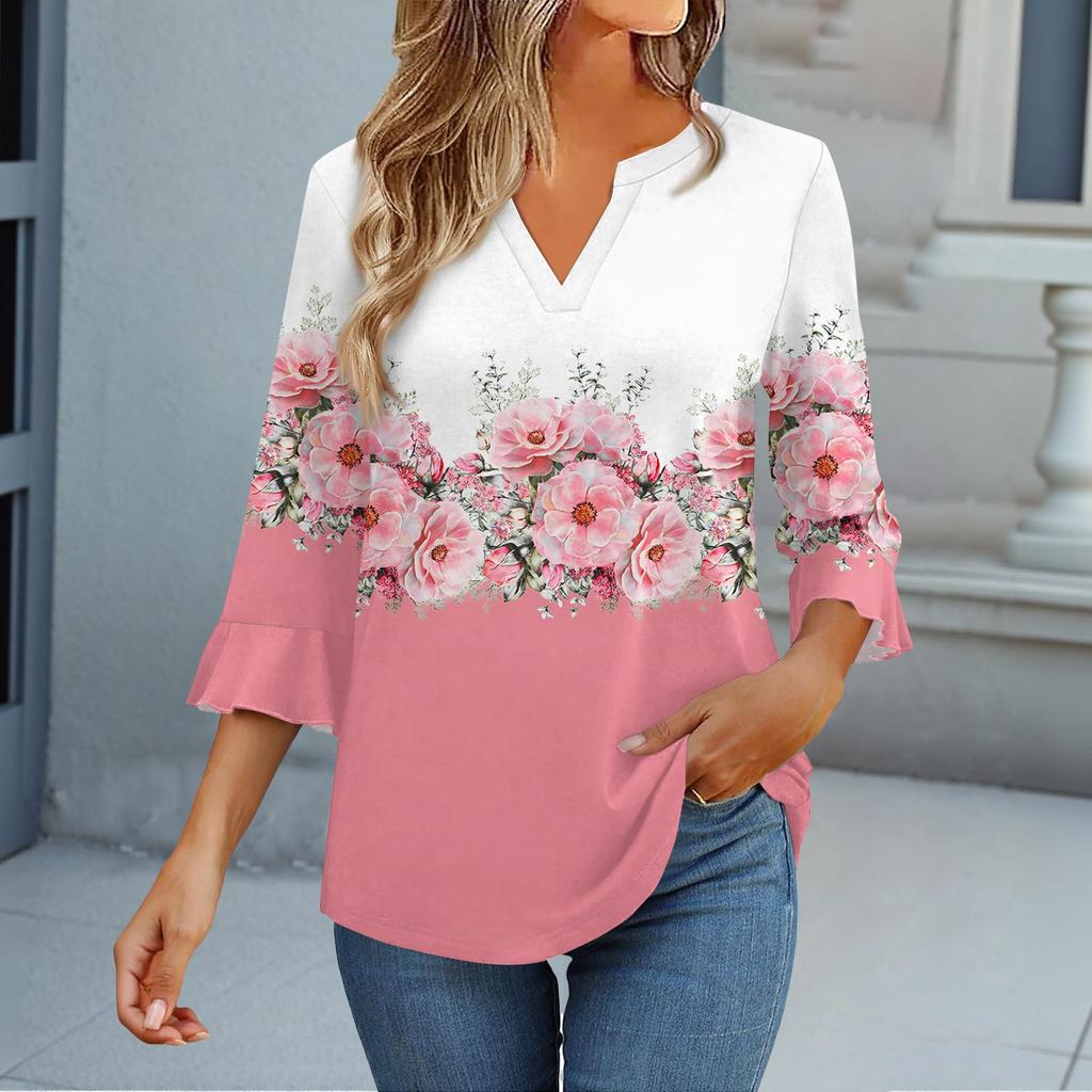 Tops met 3/4 mouw voor dames T-shirt Casual Uitlopende mouwen Print Tuniek V-hals Pullover Blouse