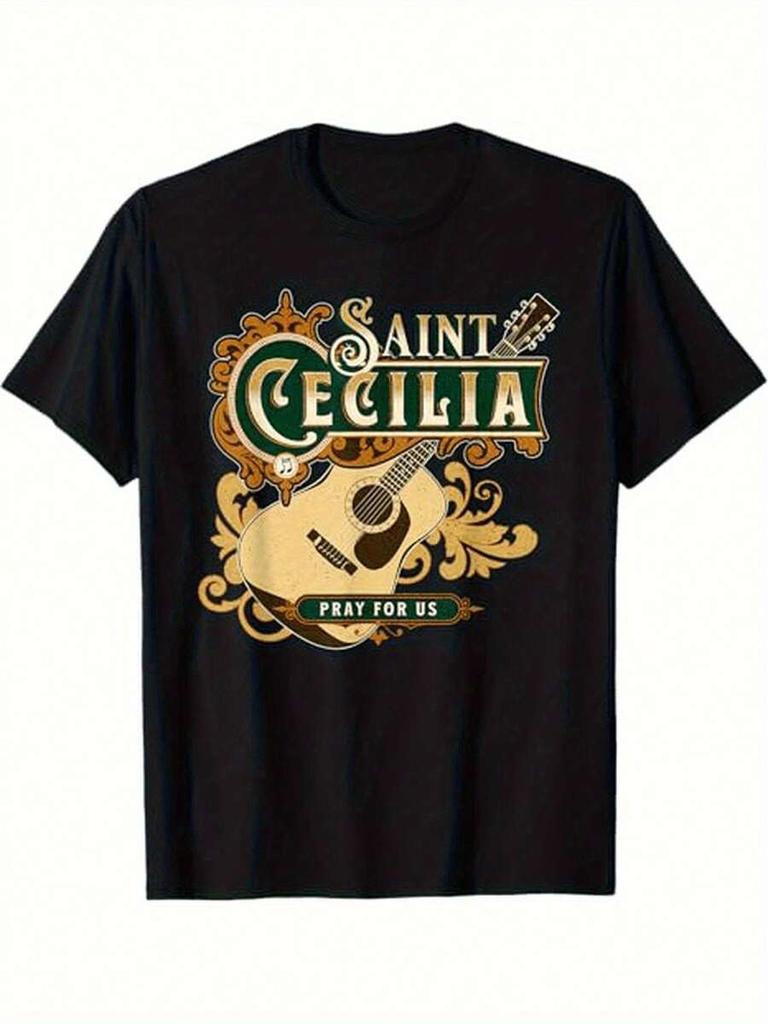 LocalSt Unisexs Saint Cecilia Patron Saint Of Music Catholic Guitar TShirt Black Casual Short Sleeve