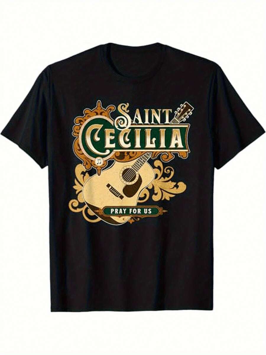 LocalSt Unisexs Saint Cecilia Patron Saint Of Music Catholic Guitar TShirt  Black Casual Short Sleeve S