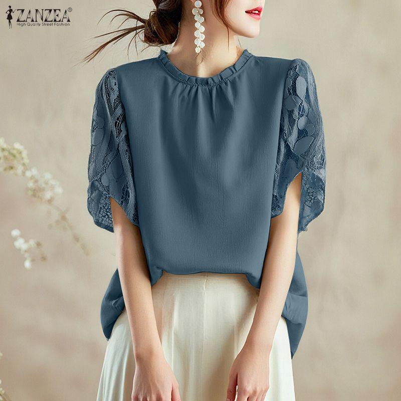 ZANZEA Women Casual Round Neck Loose Splice Short Sleeve Blouse