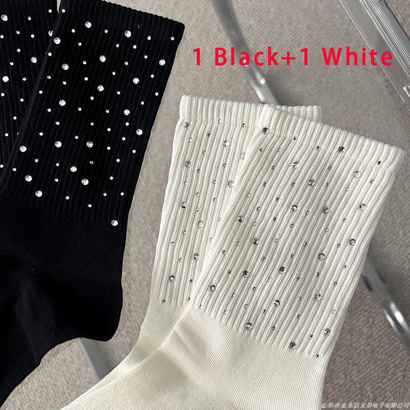 1/2/4Pairs Bright Diamond Tide Socks Diamond Luxury Rhinestone Medium Tube Women's Socks Four Seasons Fashion Cotton Hosiery