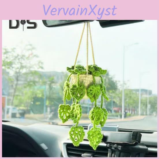 Hanging Handmade Car Mirror Accessory Knitted Cute Crochet Potted Plant Rear View Decor Car Interior Accessories
