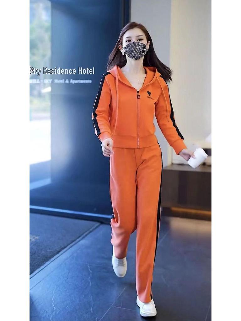 Damski wiosenny zestaw dwuczęściowy bluza z kapturem i spodnie z szerokimi nogawkami do biegania