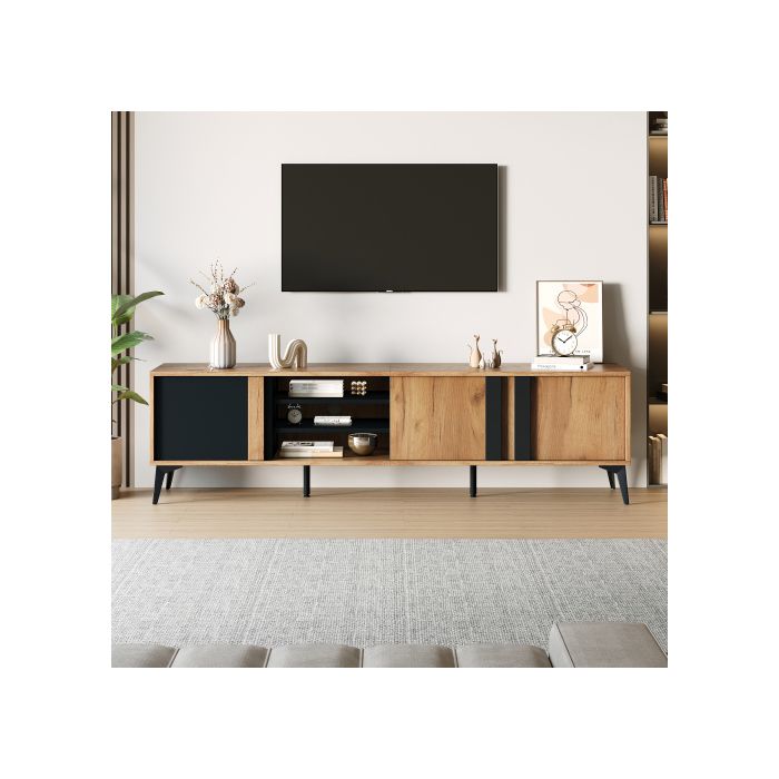 Meuble TV - MUVOE - 180 cm - Marron - Pour téléviseurs jusqu'à 80 pouces - Gestion des câbles