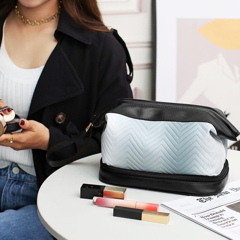 Gradient Color Pu Makeup Bag Skin Care Product Storage Bag Travel Large Capacity Double-layer Toiletry Bag Fashionable