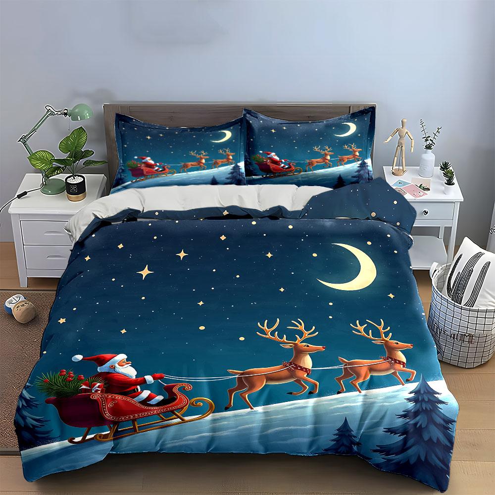 Santa Sleigh Ride with Reindeer Bedding Duvet Cover Set Duvet Cover Pillowcases (1*Duvet Cover 2*Pillowcases, without duvet insert)