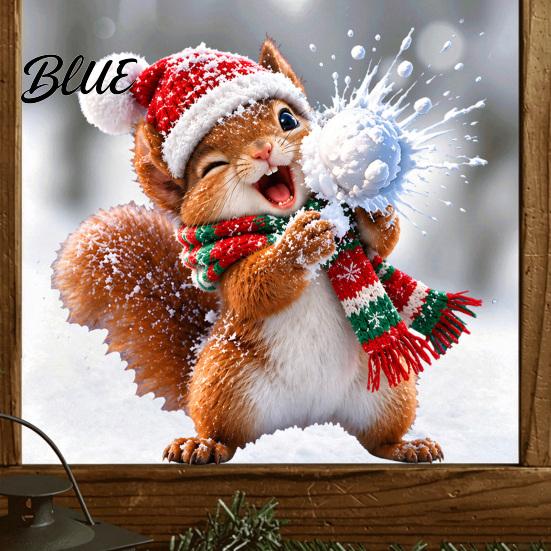 Christmas Party Supplies Squirrel Window Cling with Santa Hat and Scarf Design Cute Snowball Static Winter Wonderland Decor Glass Sticker Removable