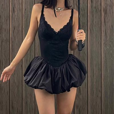 Women's French Romantic Lace Splicing V-neck Low Cut Pure Desire To Halter Dress Spice Girdle Slimming Dress