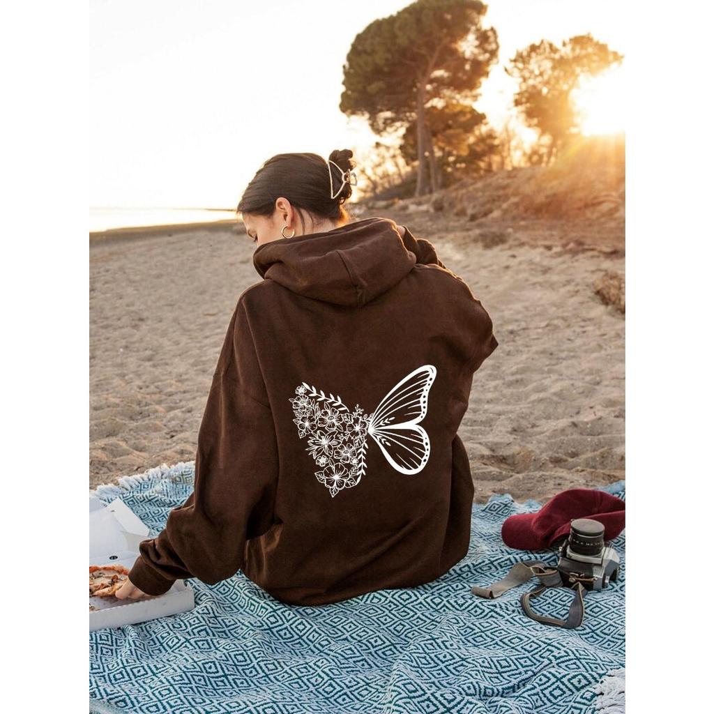 Women'S Fleece Shoulder Sleeve Sweater Letter Print Kangaroo Pocket Drawstring Butterfly Hoodie