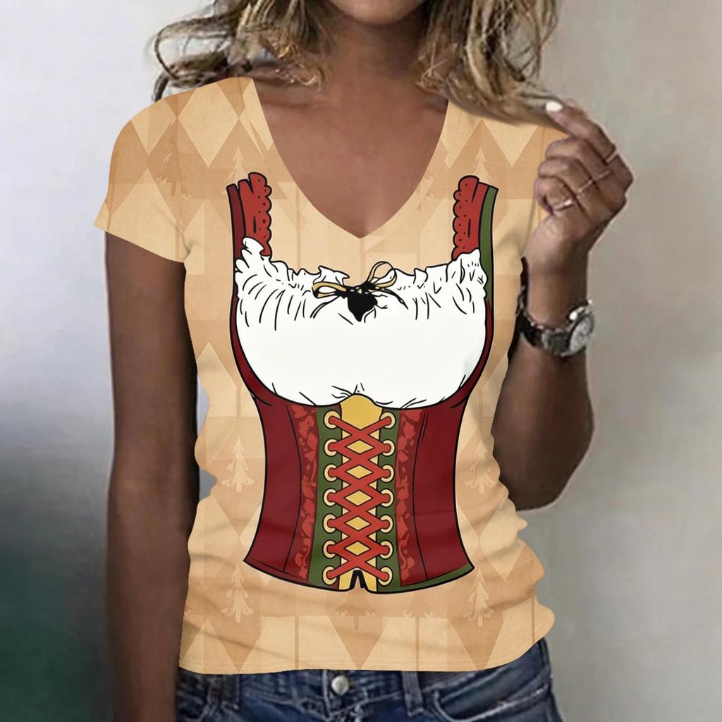 Camiseta casual de manga corta con cuello en V para mujer, top con estampado de Oktoberfest, tejido ligero y suave, ajuste cómodo, camiseta de verano