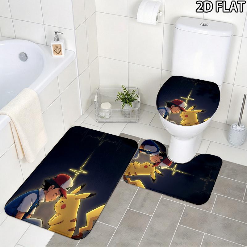 3pcs Ash Ketchum Pikachu Art Pattern Flannel Nonslip Absorbent Washable Decorative Bathroom Home Toilet Seat Cover Mat